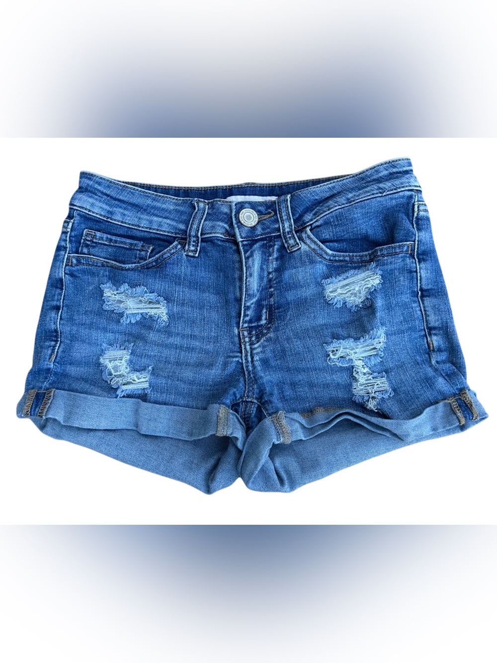 SO Favorite Shortie Low Rise Distressed Denim Shorts Size 3 Cuffed Stretch